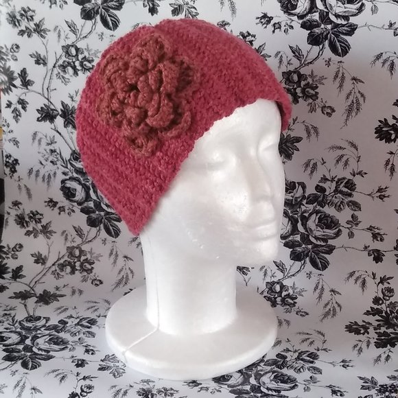 Handmade Crochet Maroon Headband w/ Crochet Flower - Picture 2 of 9